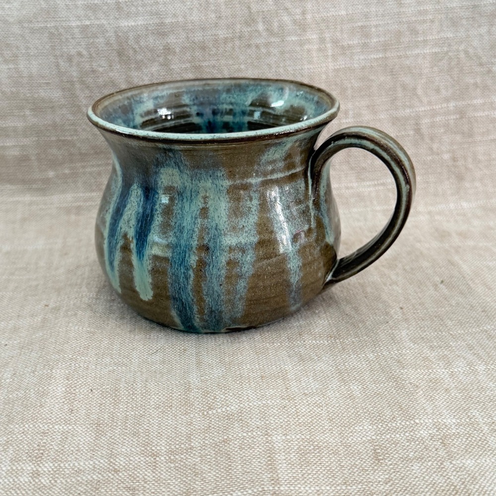 Vintage Studio Pottery Mug Blue Drip Glaze Handmade Ceramic Cup